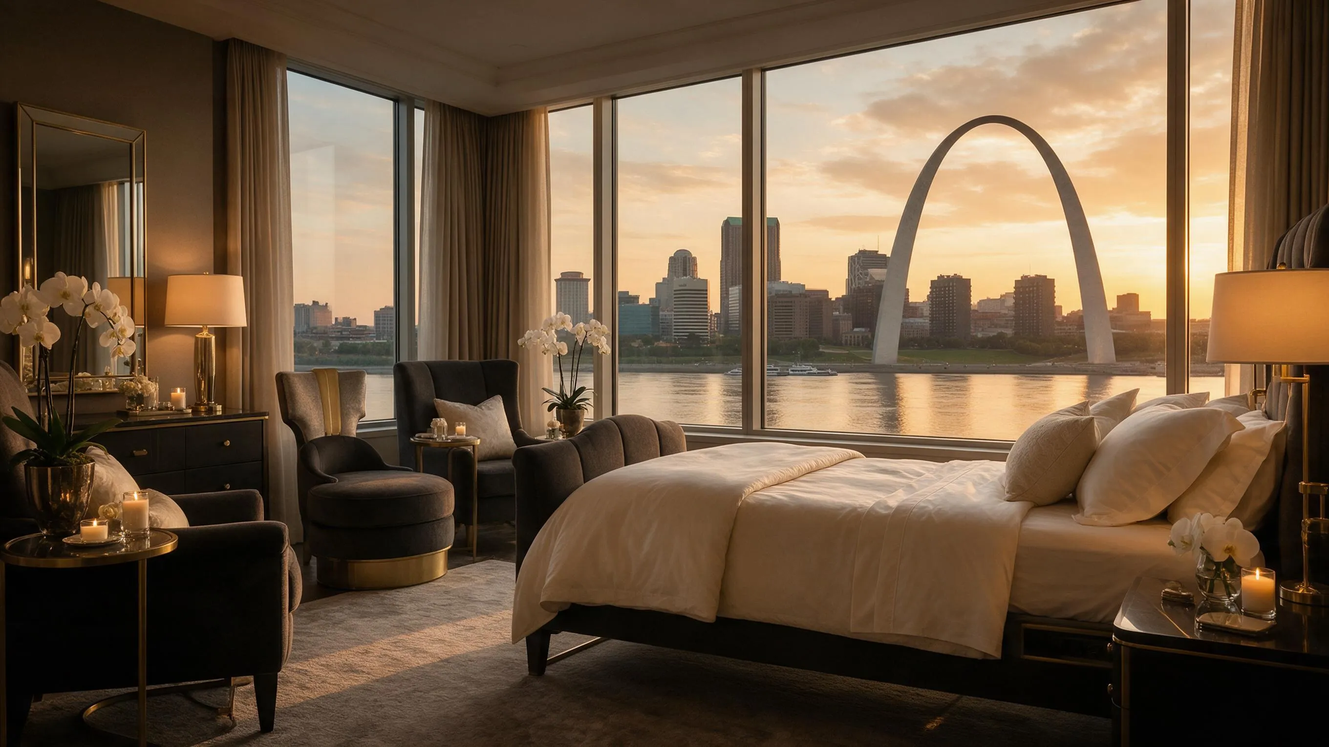 A luxury suite overlooking the St. Louis Gateway Arch at sunset